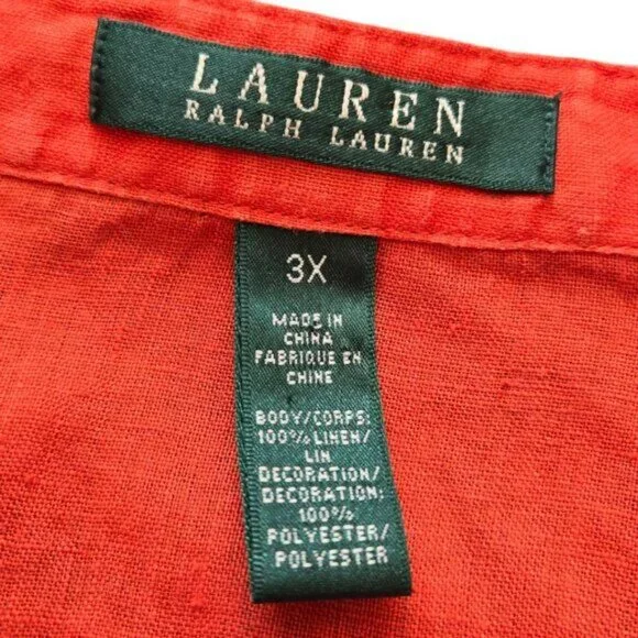 Lauren Ralph Lauren Womens 3X Embroidered Linen Tunic Top Long Sleeve Split Neck - Picture 6 of 7